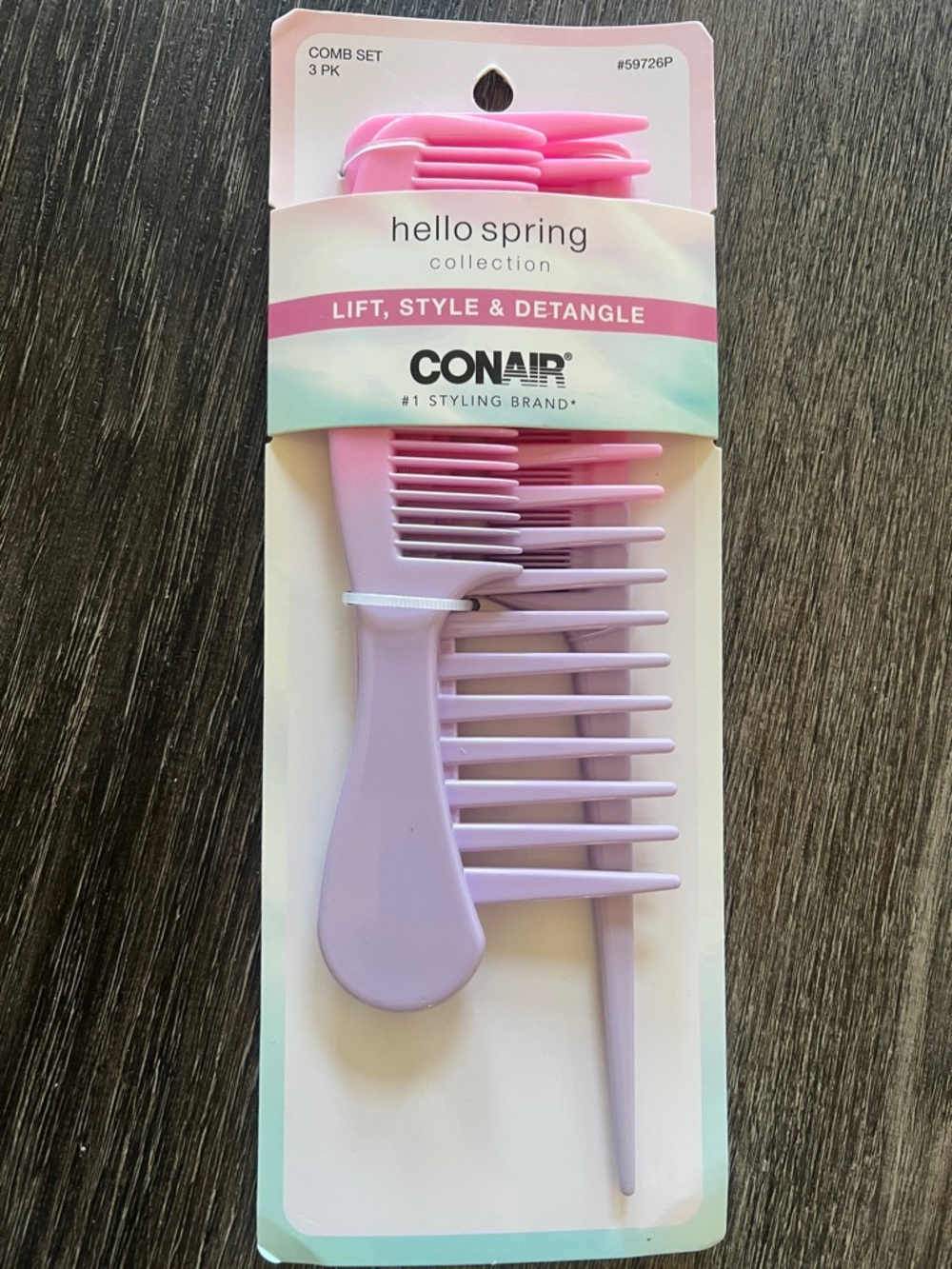 (51) NWT Conair Hello Spring 3-Pack Wide Tooth Comb Set - Pink & Lavender